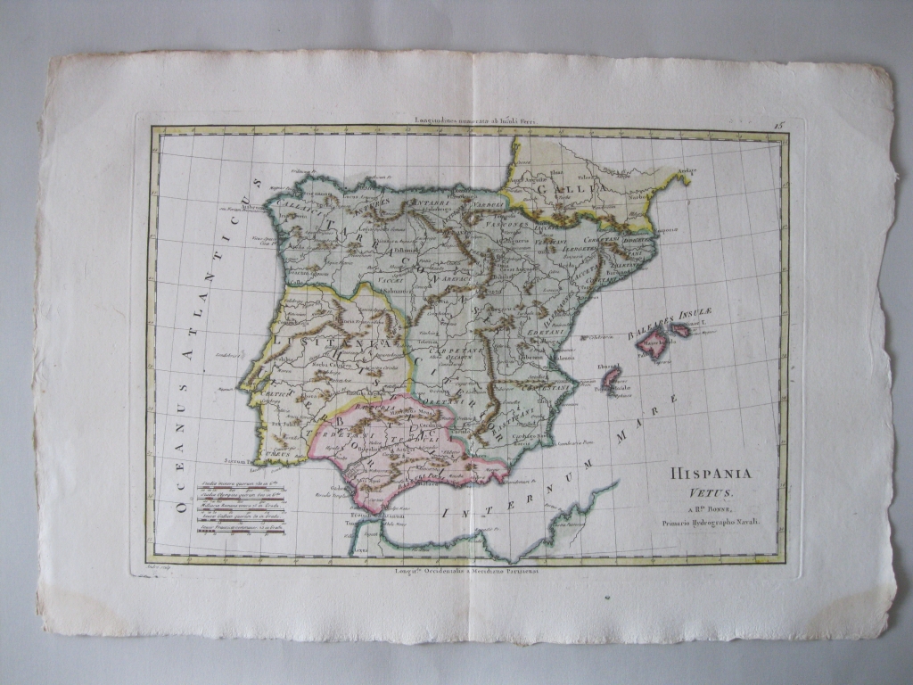 Mapa de la Península Ibérica y las islas Baleares, 1788. Bonne
